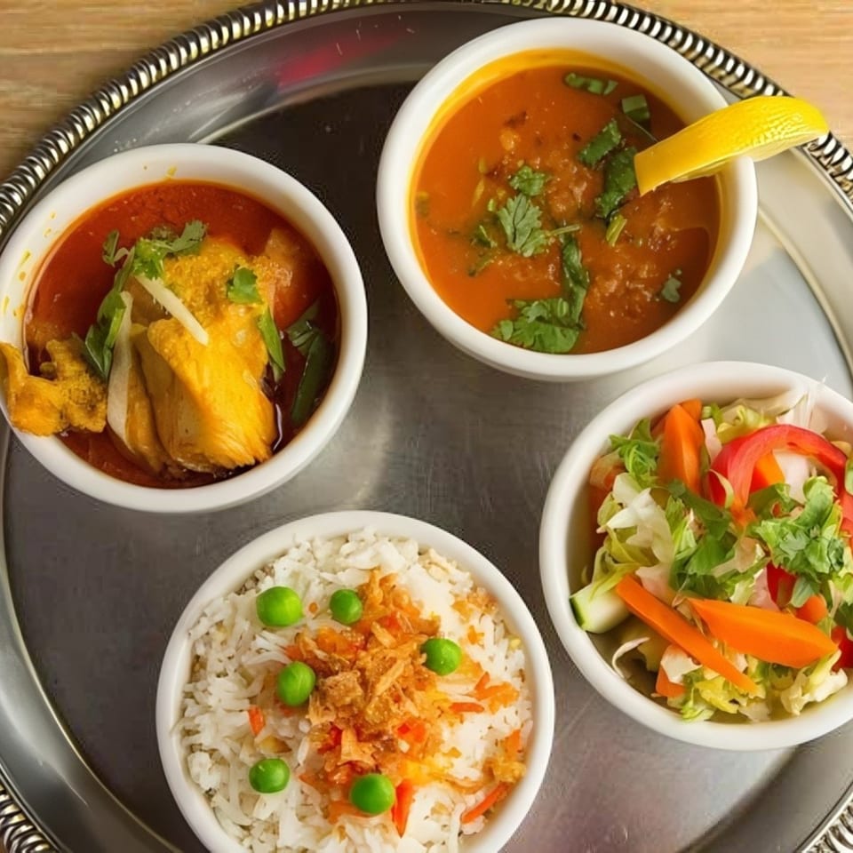 Four bowls of Indian food on a silver tray: chicken curry, lentil soup, rice with peas, and salad.